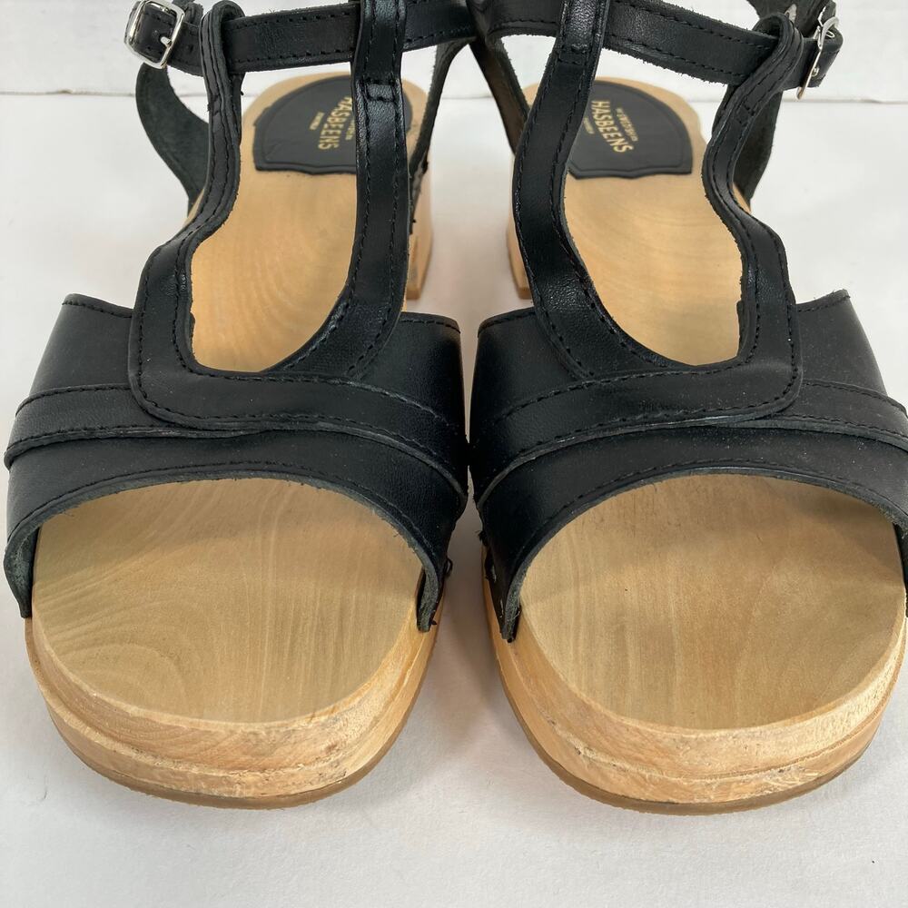 Swedish Hasbeens Ulla Low Sandals Size US 11 EU 41 Black Leather Wood Platform - Picture 4 of 16